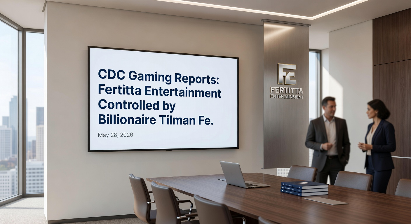 Financial analysts reviewing casino industry merger documents and market share data charts