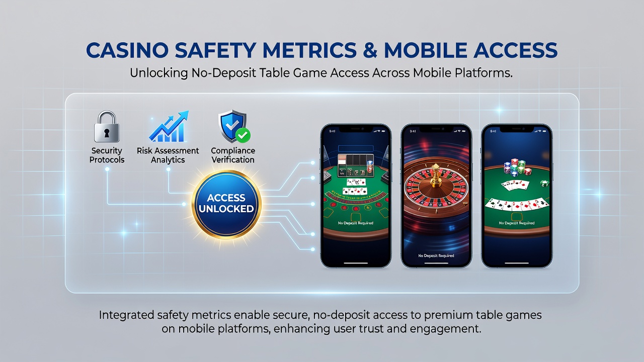 Mobile device displaying secure no-deposit table game interface with safety metric indicators