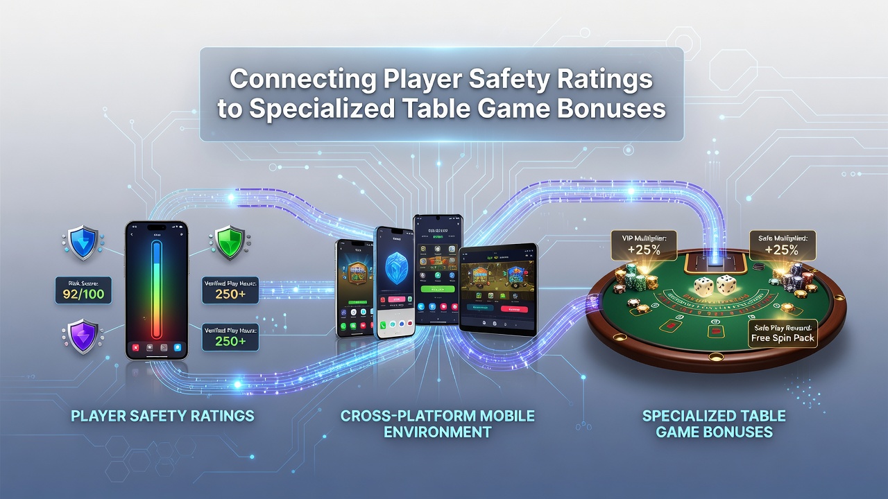 Cross-platform mobile devices displaying synchronized table game bonus notifications and safety score dashboards