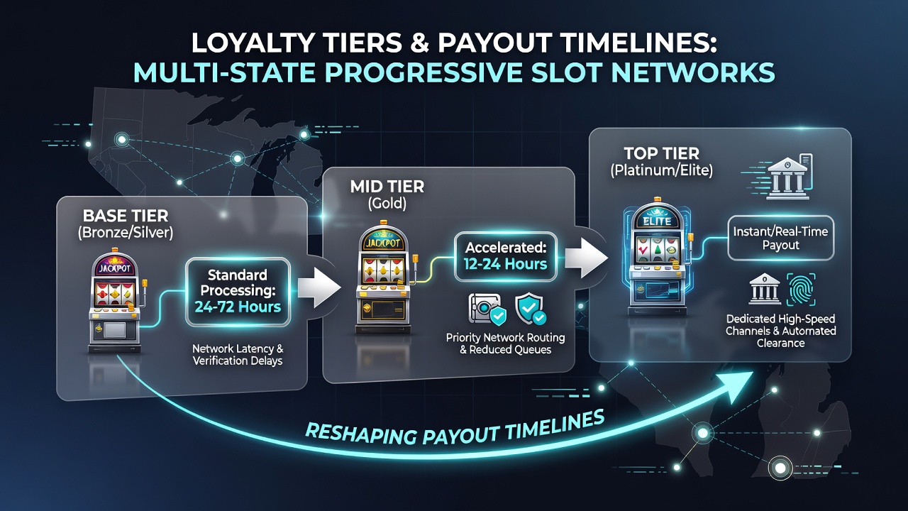 Digital dashboard displaying tiered payout timelines for progressive jackpots with highlighted processing stages for different loyalty levels
