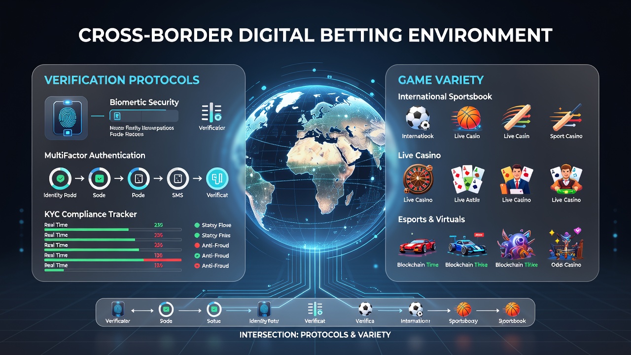 Mobile interface displaying verification protocol prompts next to a selection of table games and slots in a cross-border betting app
