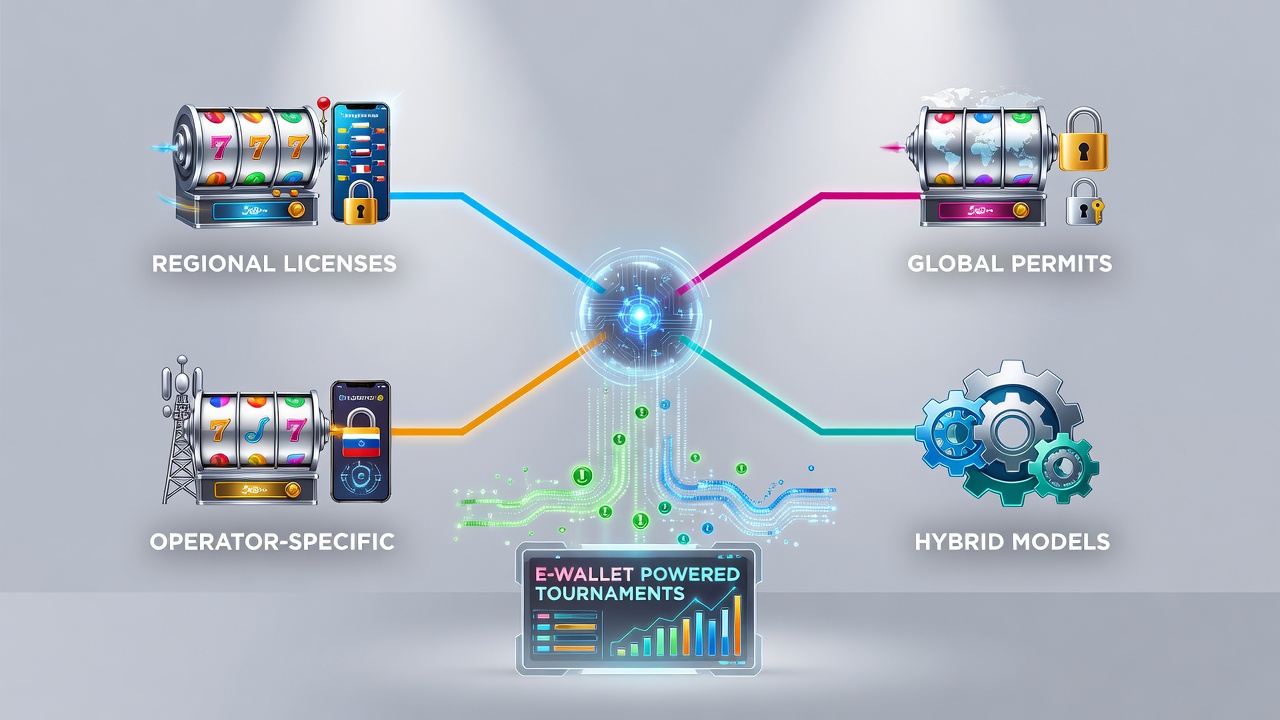 Network diagram illustrating licensing compliance layers for e-wallet slot tournaments