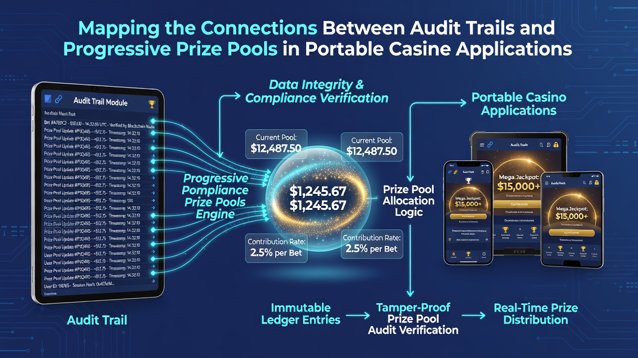 Server-side dashboard showing linked audit logs and progressive prize pool balances in a casino management system