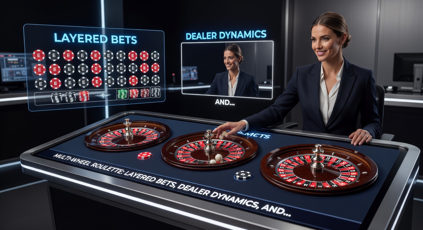 Dynamic multi-wheel roulette setup with live dealer spinning multiple wheels simultaneously on a mobile screen, highlighting layered betting options and e-wallet interfaces
