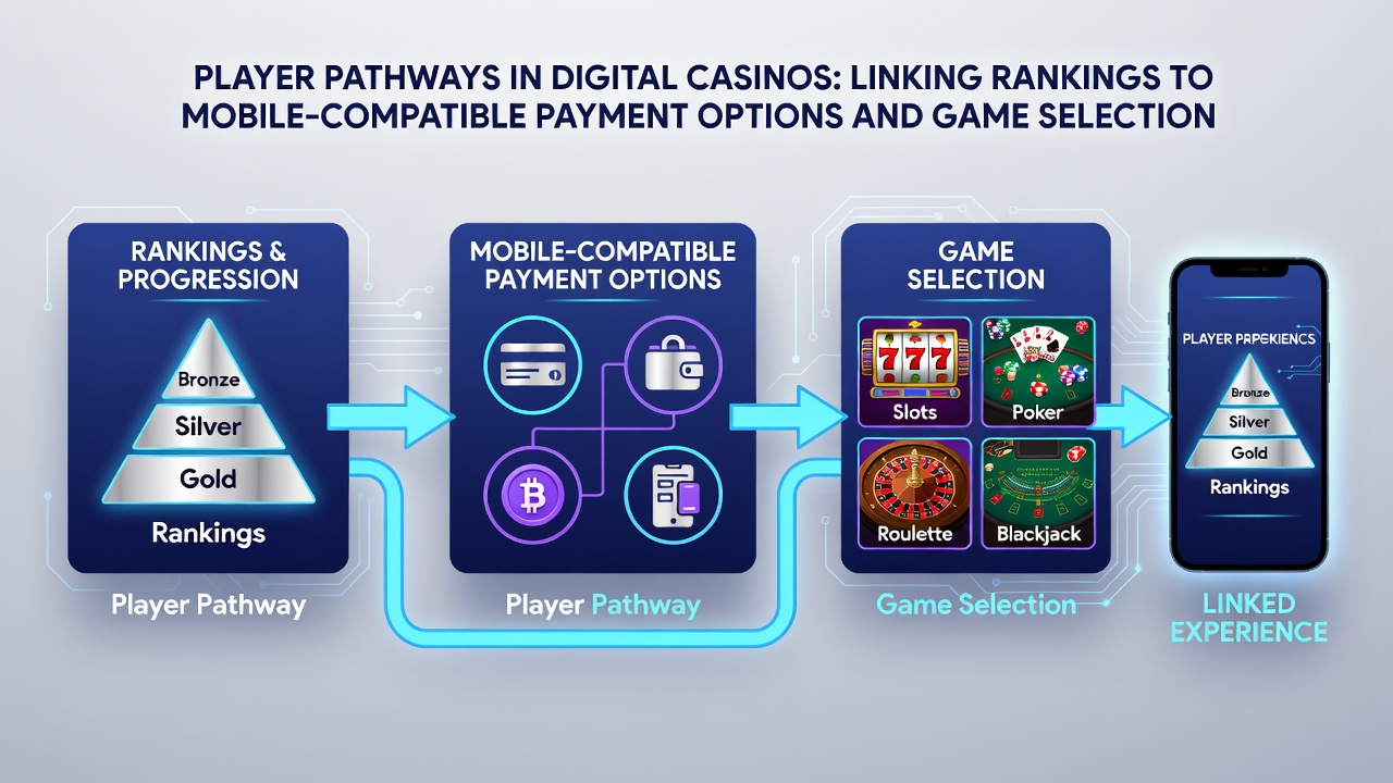 Mobile payment interfaces and game selection screens in ranked casino pathways